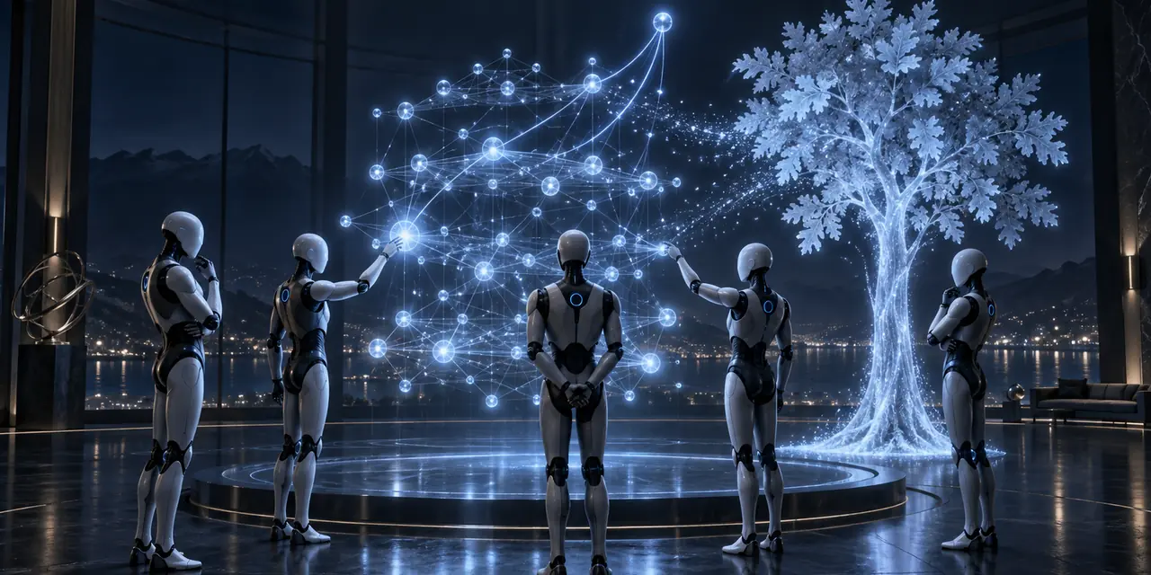 Illustration: five androids stand around a round holographic table, working on a glowing three-dimensional graph of goals, with a tree of light beside them.