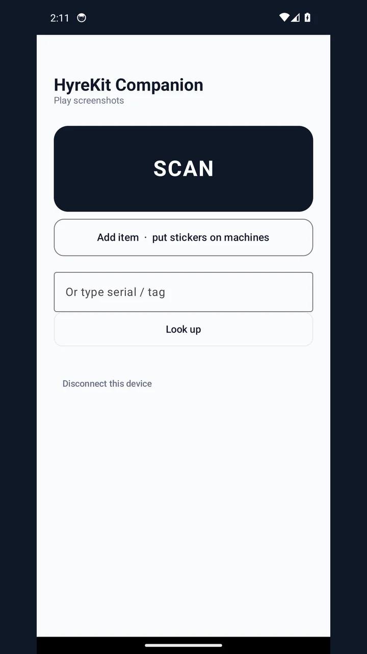 Companion home screen with a large Scan button, an Add item shortcut and a field to type a serial or tag by hand