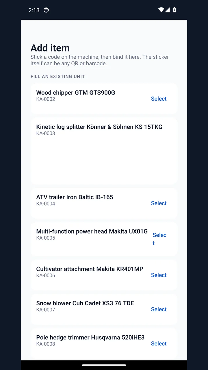 Add item screen listing yard machines that are waiting for a code sticker, each with a Select action