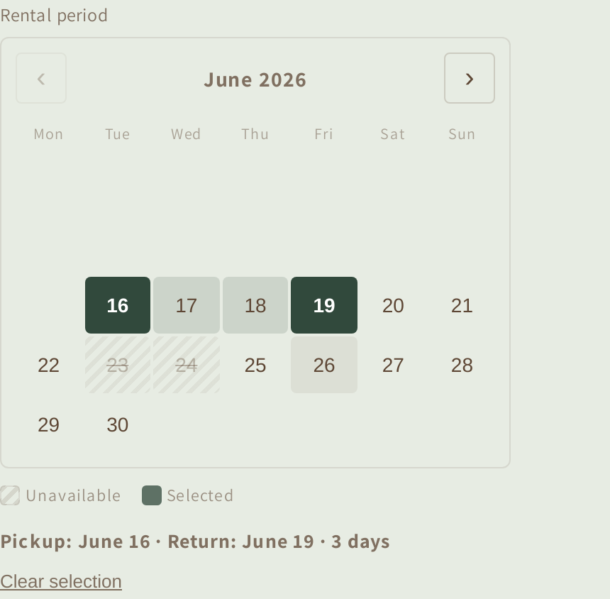 HyreKit rental booking calendar showing a selected pickup and return period