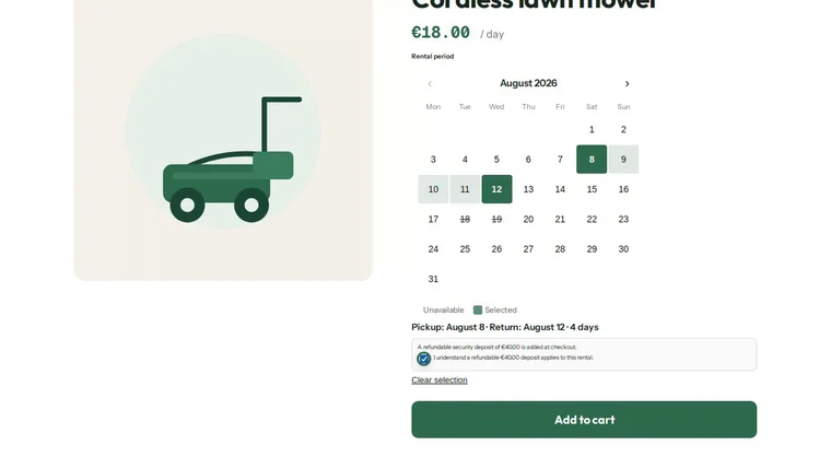 Storefront product page with the rental calendar: August dates 8 to 12 selected, unavailable days crossed out, pickup and return summary