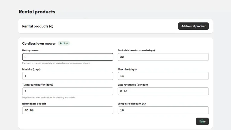Admin rental setup: units you own, min and max hire days, turnaround buffer, late fee and refundable deposit